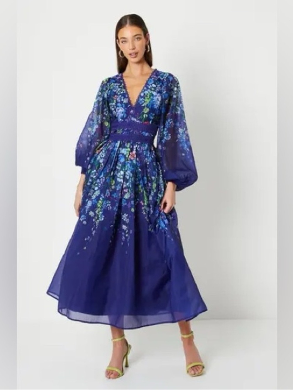 Coast Floral Chiffon Midi Dress Blue Lace Trim Balloon Sleeve US 12 NWT